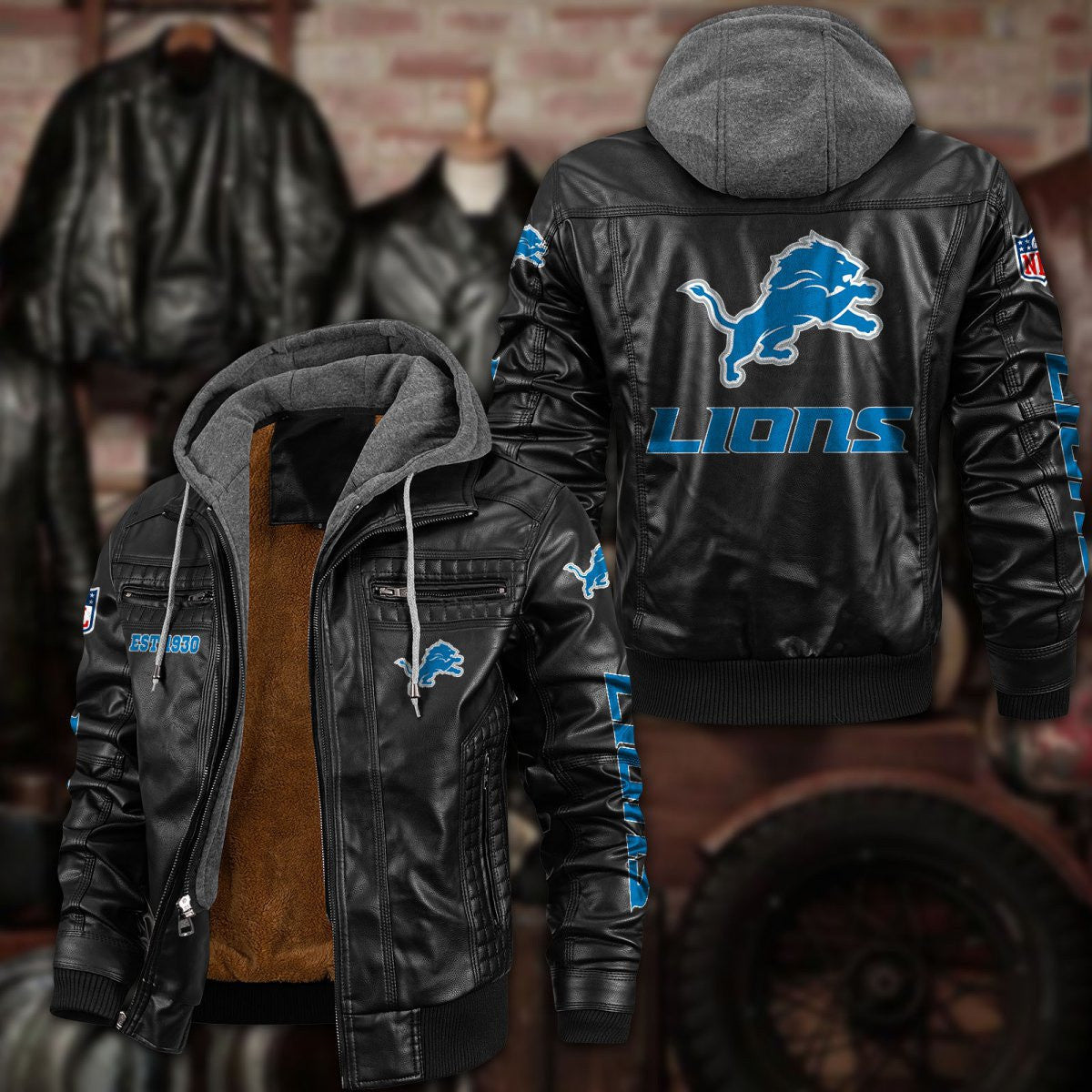 Premium & Ultra-Thick Leather Jacket with Fleece Hood - Detroit Lions PHVKC011