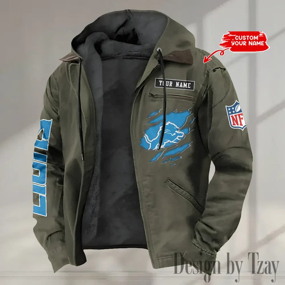 Detroit Lions Men's Casual Padded Jacket Hooded trending 2026 SPTPJH011